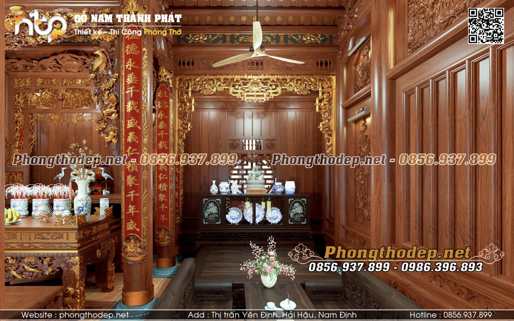 Bố trí nội thất gian phải nhà gỗ 5 gian thông hiên